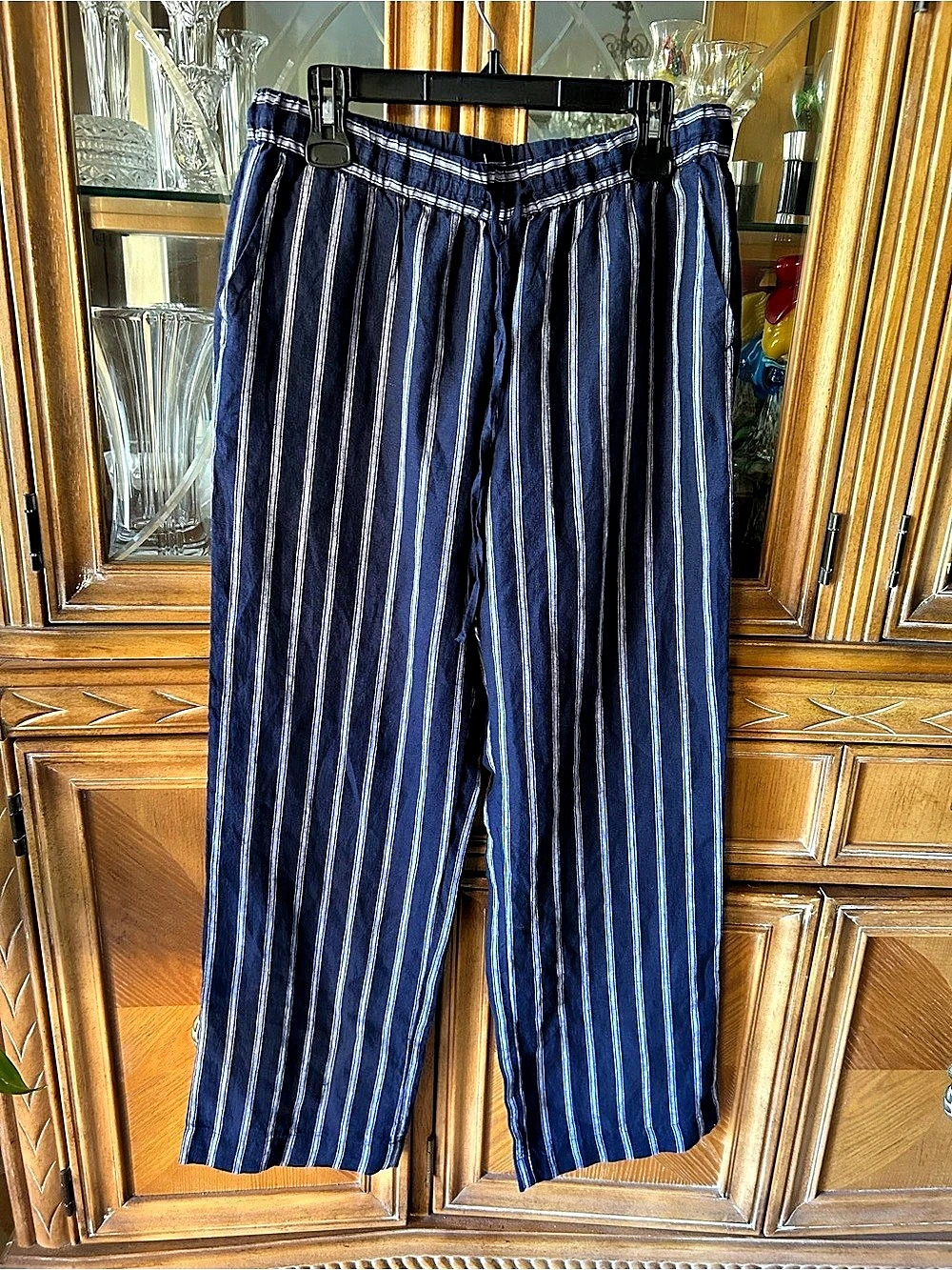 Charter Club Striped Wide Leg Linen Pants in Blue & White Size Medium